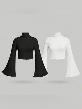 Ribbed Cropped Turtleneck Top with Bell Sleeves - Black & White